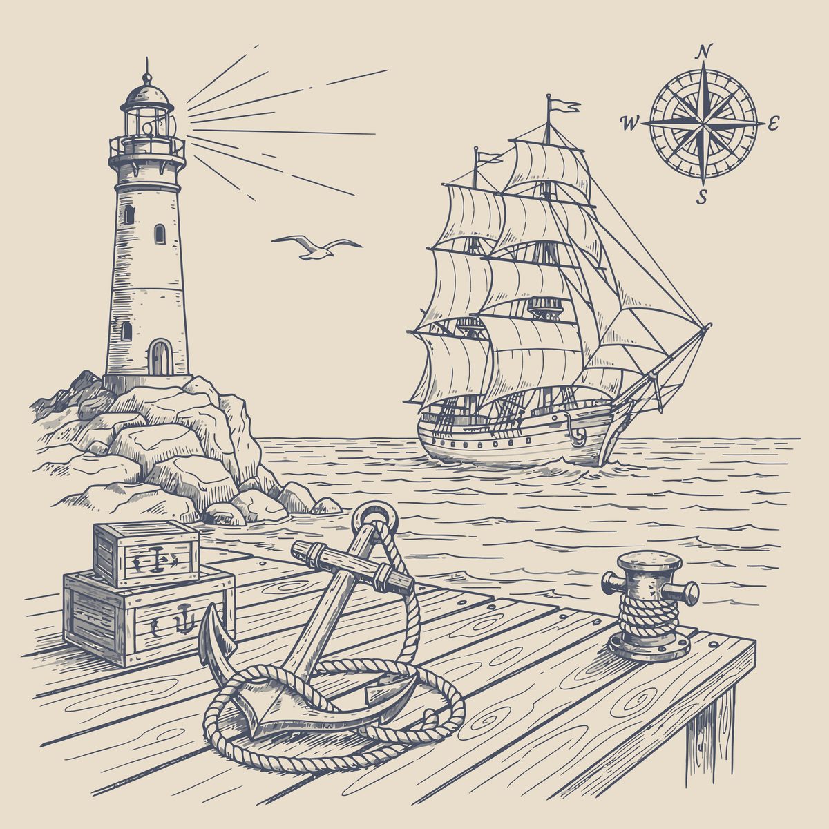 A vintage line drawing of a lighthouse, tall ship, and anchor with a compass rose